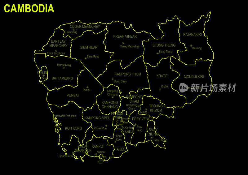 黑色背景下的柬埔寨霓虹灯地图