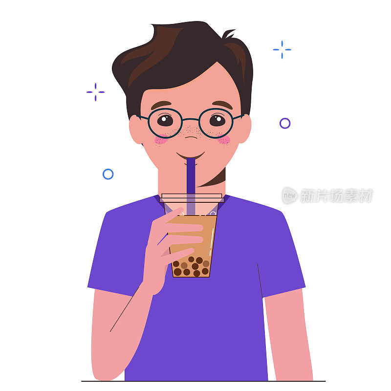 年轻人喝珍珠奶茶或珍珠奶茶。台湾著名和流行的饮料与木薯黑珍珠。平面卡通插图上的白色背景。