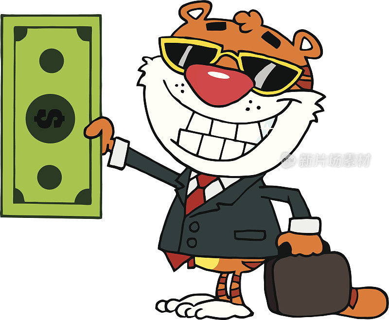 快乐的老虎商人拿着美元钞票和商业公文包