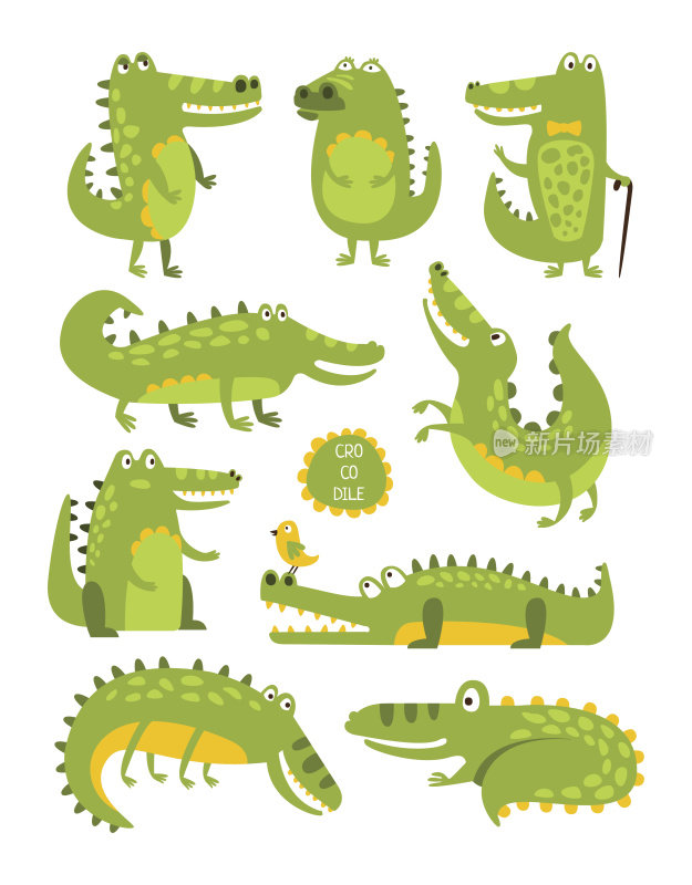 鳄鱼可爱的角色在不同的姿势，幼稚的贴纸