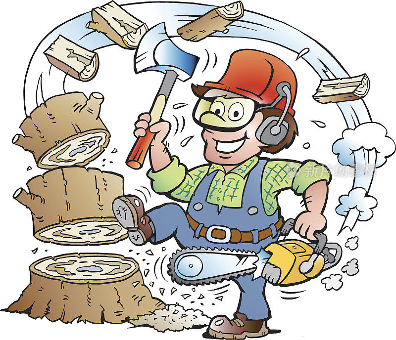 矢量卡通插图一个快乐的工作的伐木工或樵夫谁砍木头