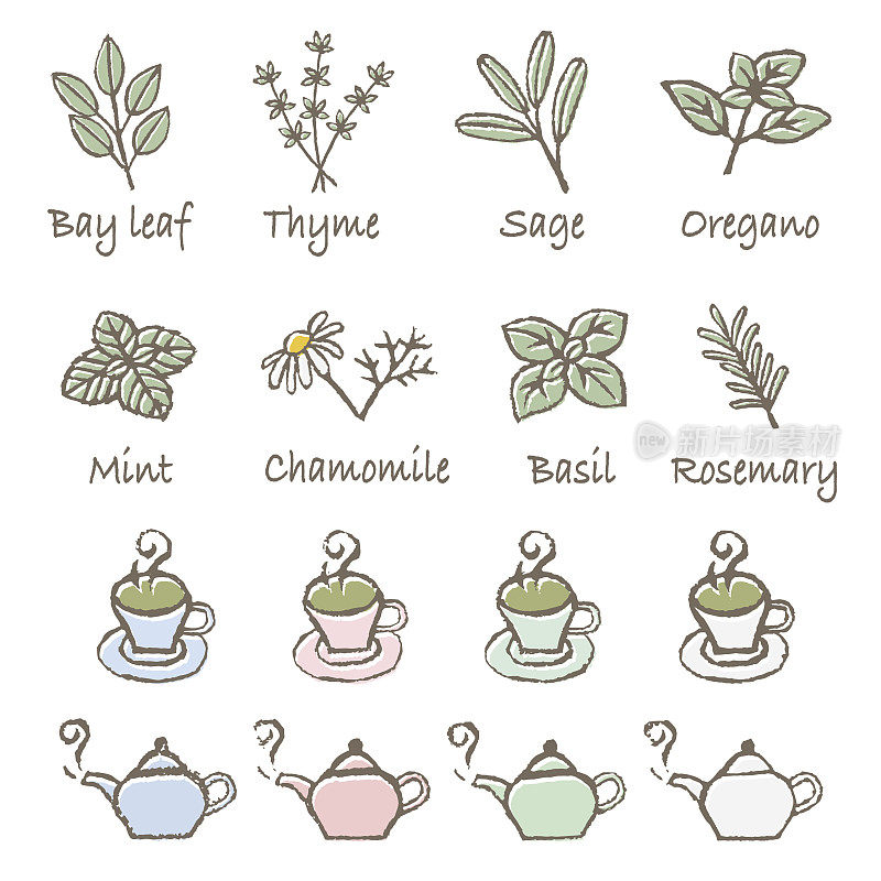 Herb，茶杯和茶壶图标集