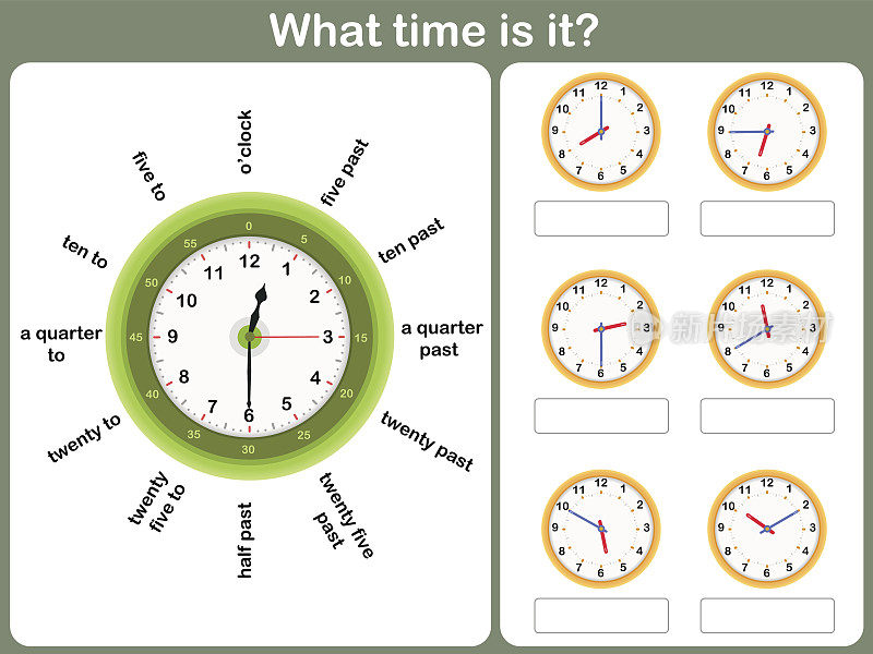 工作表告诉时间。把钟上显示的时间写下来