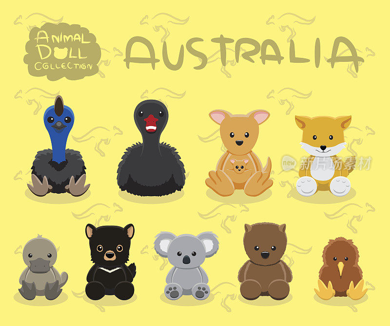 动物娃娃澳大利亚设置卡通矢量插图