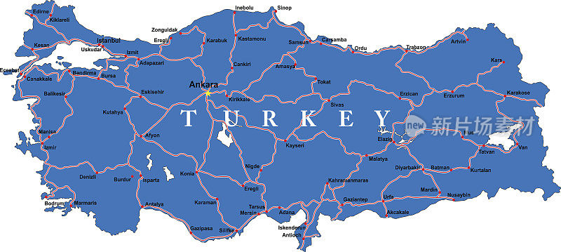 绘有土耳其划分区域的蓝色地图