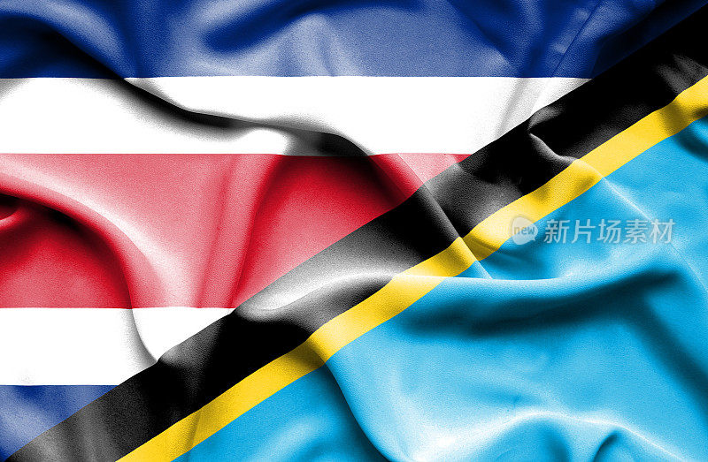 挥舞着坦桑尼亚和哥斯达黎加的旗帜