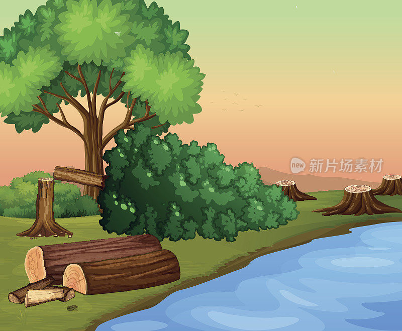 河边砍伐树木的场景