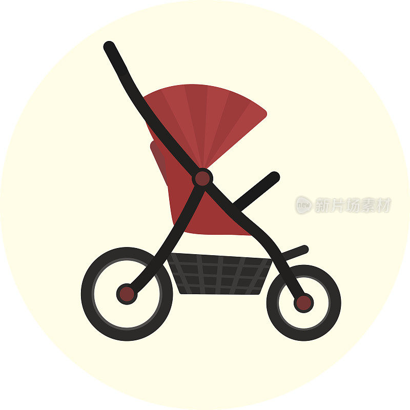 平坦的红色矢量婴儿车图标。可爱的儿童婴儿车标志