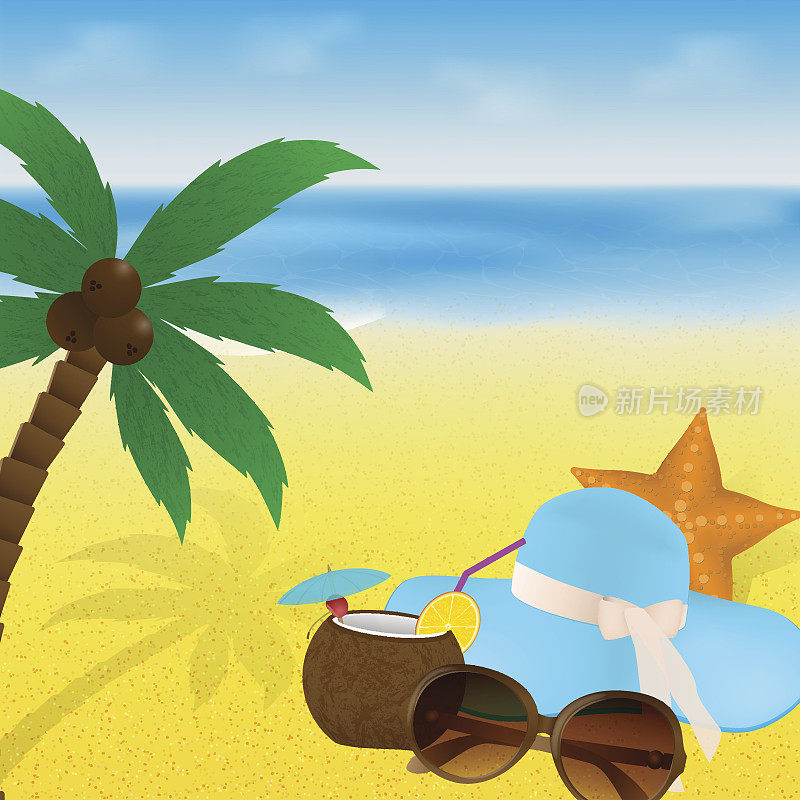 夏日度假海滩太阳镜，鸡尾酒，海星和帽子。夏日贺卡设计。