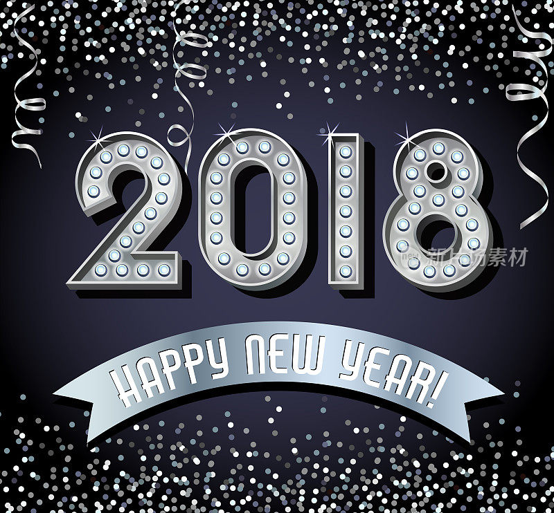 2018年新年快乐设计与银色灯泡字母，闪烁和飘带。