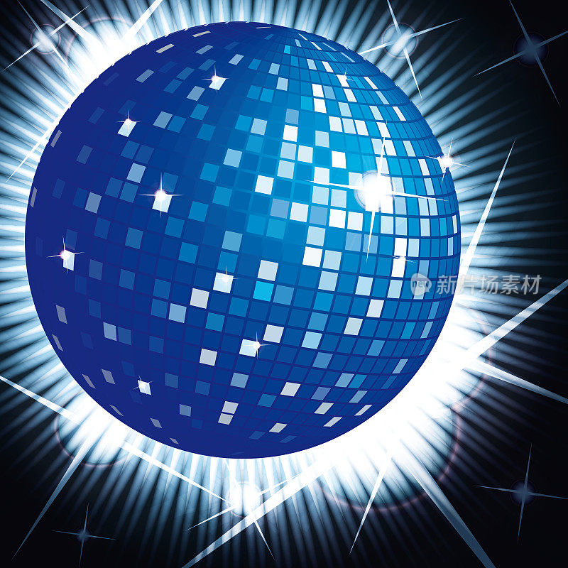 蓝色迪斯科球在黑暗的背景与明亮的光线-向量插图