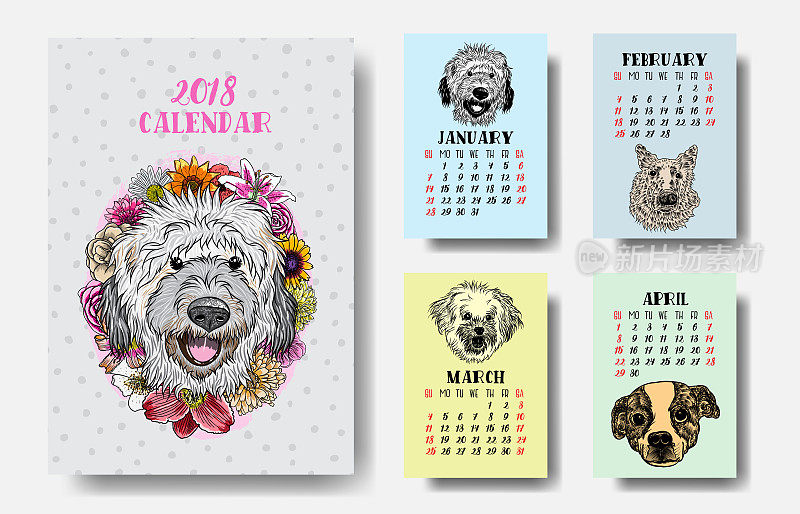 日历2018与画的彩色狗一套4。过年、狗年生肖月报卡片模板。向量。