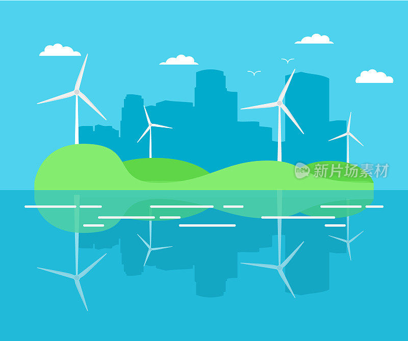 城市发电厂由涡轮式风力发电机产生。海报设计理念为节能创新技术。