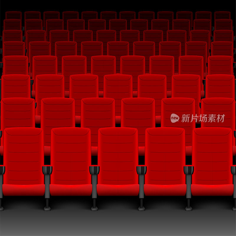 逼真的电影院大厅红色座位。有一排排空座位或椅子的电影院。矢量图