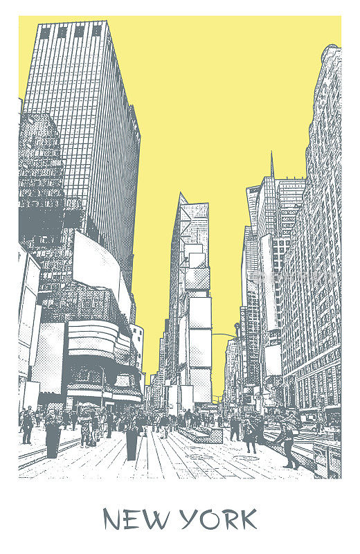 纽约，时代广场。矢量插图的街道在市中心雕刻风格。