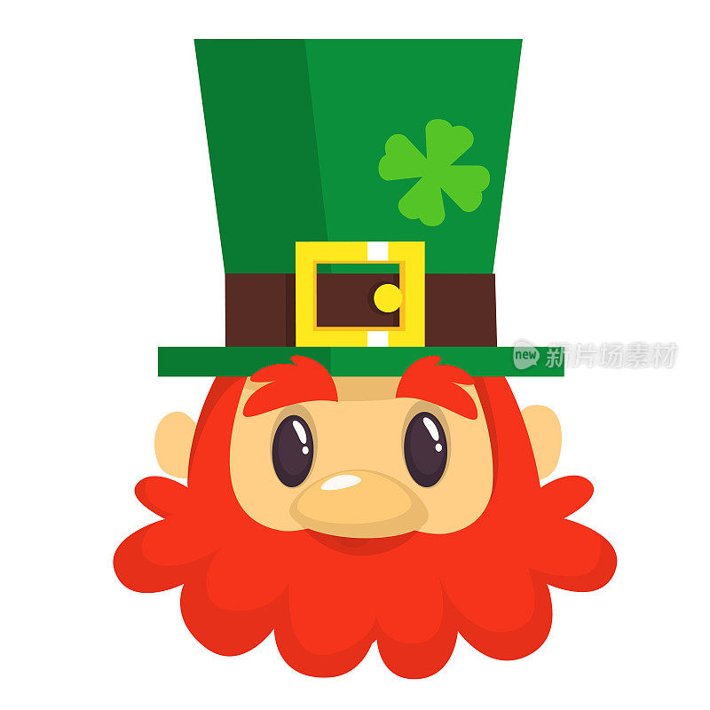 卡通小精灵头戴绿帽子。红胡子的头。图为爱尔兰圣帕特里克节庆祝活动