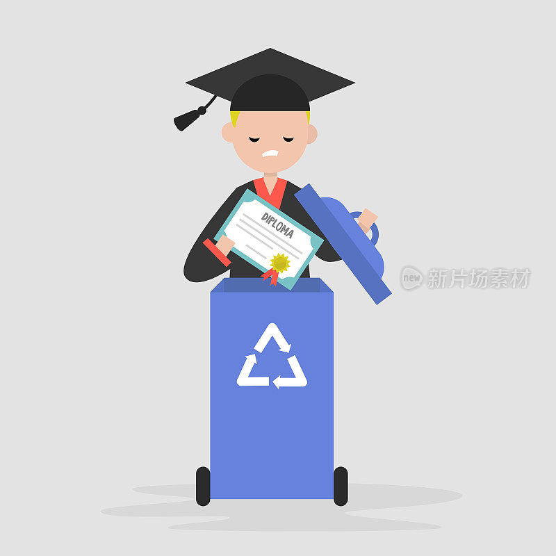 教育的危机。失望的毕业生扔掉了毕业证书。废纸回收容器。平面可编辑矢量插图，剪辑艺术