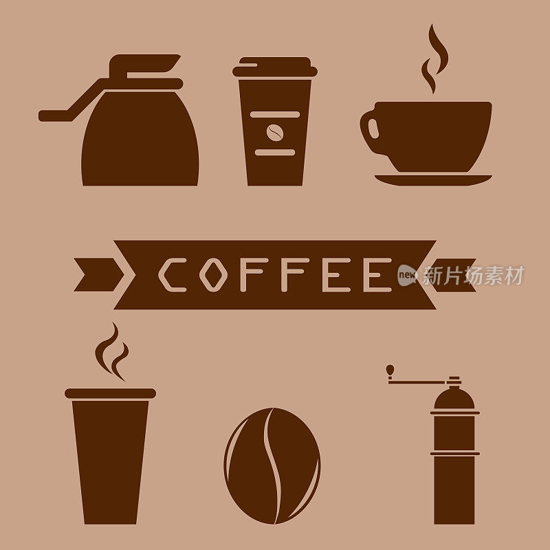 一杯咖啡，一个咖啡壶，一个咖啡研磨机，一粒咖啡。扁平风格的玻璃。咖啡图标。