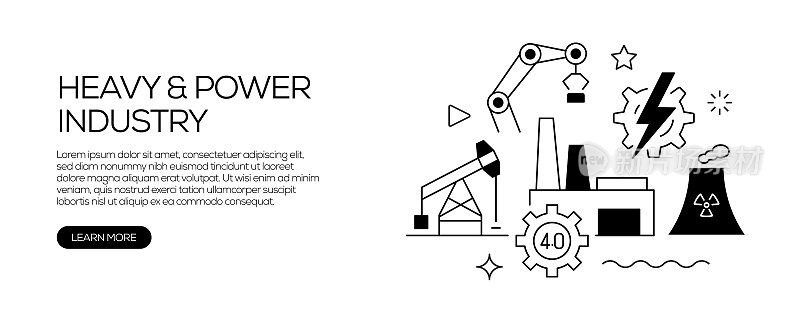 与重工行业相关的网页横幅线条风格。现代线性设计矢量插图的网站横幅，网站标题等。