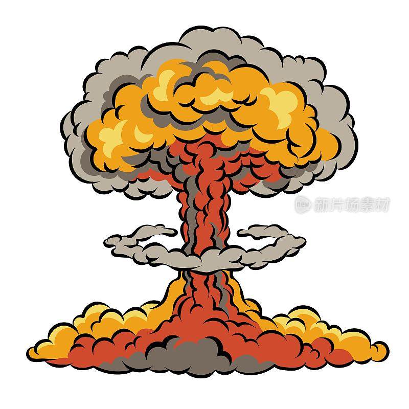 核爆炸，蘑菇云。漫画矢量插图。