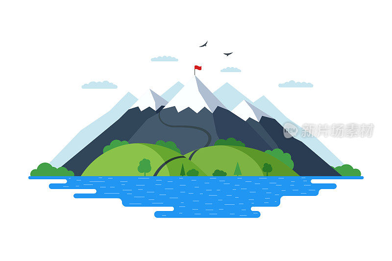 高山与青山森林和蓝色湖泊自然景观矢量插图。登山者的路线是通往岩石顶端和岩石山顶的红旗