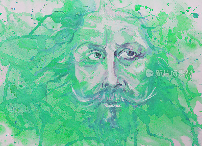 插图水彩肖像男人与长头发的背景泼洒流动水彩在绿色的阴影