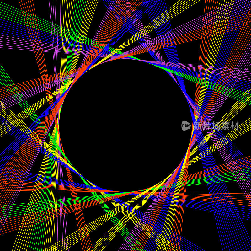 抽象的多色线旋转和触摸黑色球体，复制空间在中间。