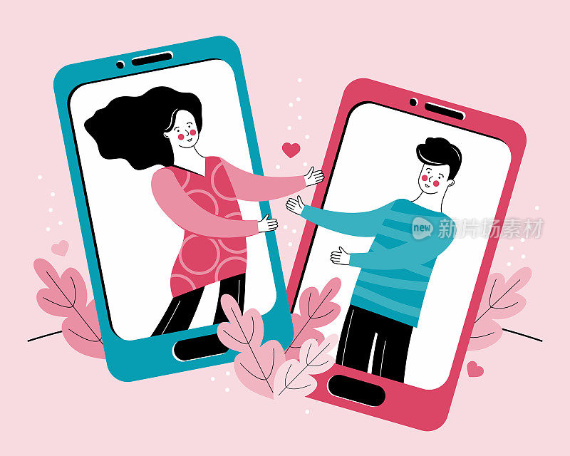 恋爱中的男人和女人通过互联网进行远程交流。虚拟关系，网上约会，聊天。年轻夫妇通过智能手机进行视频通话。情人节的横幅
