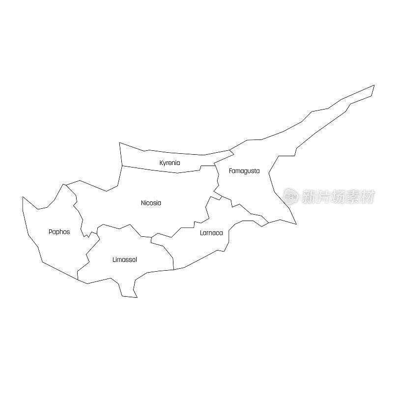 塞浦路斯的地区。区域及国家行政区划地图。色彩斑斓的矢量图