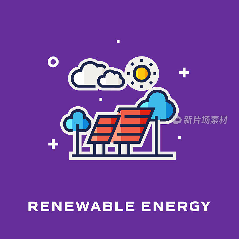 可再生能源平线图标，轮廓矢量符号插图。