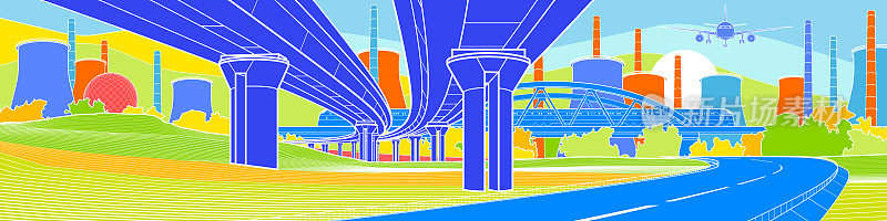 缤纷亮丽的工业景观。基础设施和运输说明。汽车天桥。火车在桥上行驶。飞机飞行。城市的城市风光。白色轮廓上的彩色背景。矢量设计艺术
