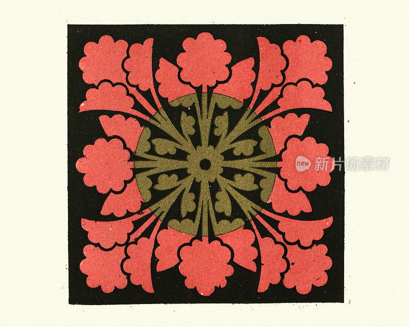 红色金叶，方形，维多利亚花卉设计图案，设计元素，19世纪