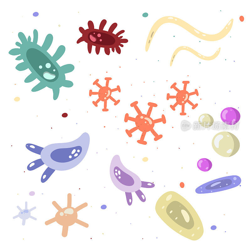 一组细菌，细菌，病毒，细菌。在背景上隔离了致病物体。细菌微生物，益生菌细胞。卡通设计。