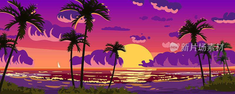 日落海洋热带度假酒店景观全景。海边沙滩，阳光，异国风情的轮廓棕榈树，海岸线，云彩，天空，暑假。矢量插图卡通风格