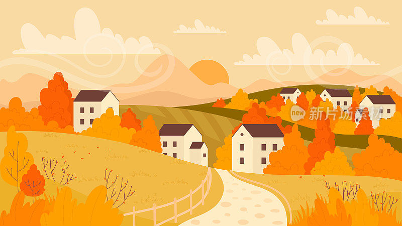 秋天的田园风光景色呈现橙黄的秋色，乡间小路到民居