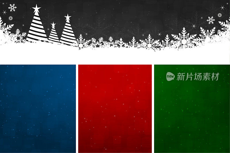 水平矢量插图的分割或分割多颜色的背景与顶部一个黑色和三个垂直划分红色，黑暗的午夜海军蓝和明亮的深绿色对比色，圣诞树和雪花在黑色