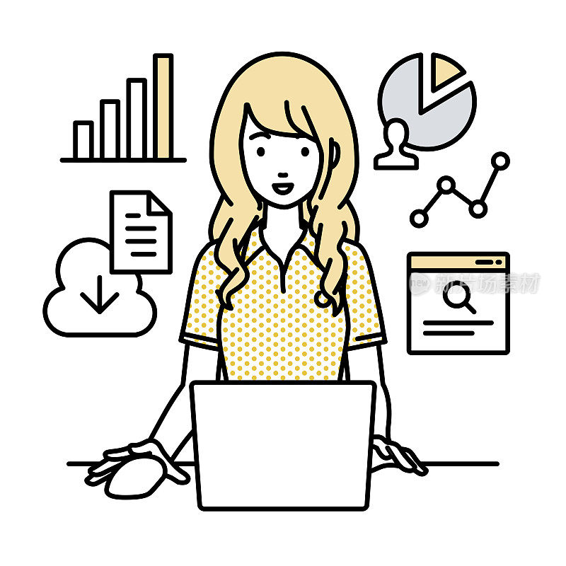 一个穿着马球衫的女人用笔记本电脑在她的办公桌上浏览网站、研究、共享云文件、分析和做报告
