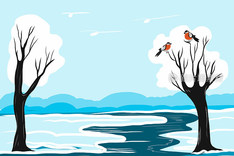 冬天的风景，一条河和树上的红腹灰雀。