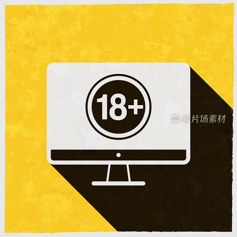 带18+号的台式电脑。图标与长阴影的纹理黄色背景