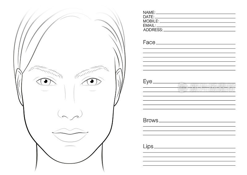 脸图化妆师空白。脸部的轮廓化妆模板。长方形的脸。