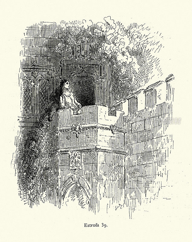 中世纪公主站在城堡的城墙、高塔上，幻想着骑士的浪漫