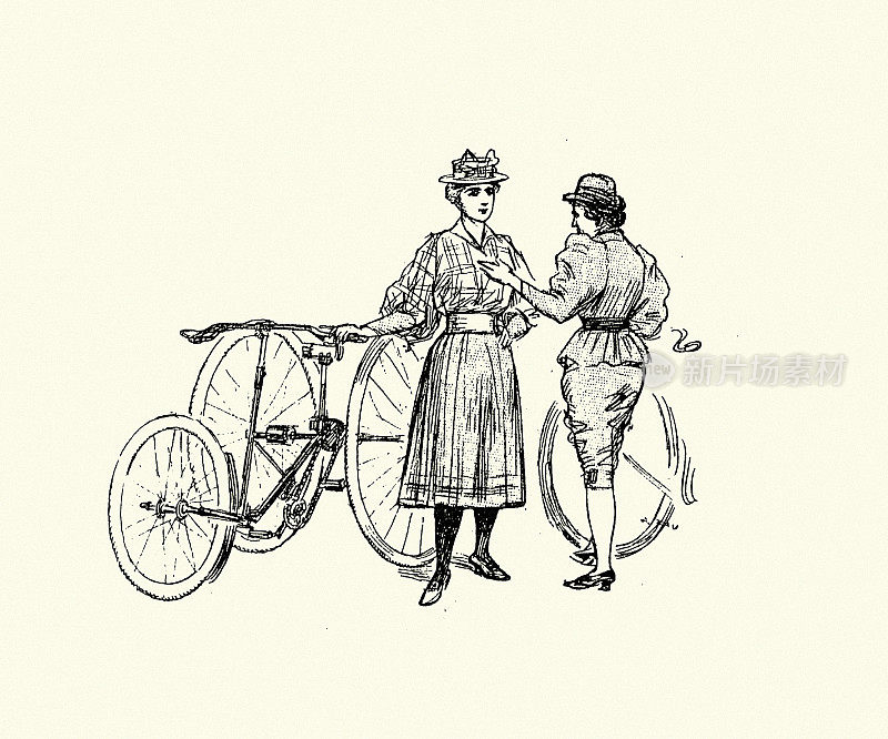两个骑自行车的年轻女性，骑三轮车，19世纪90年代维多利亚时代