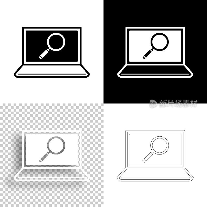 笔记本电脑上的放大镜。图标设计。空白，白色和黑色背景-线图标