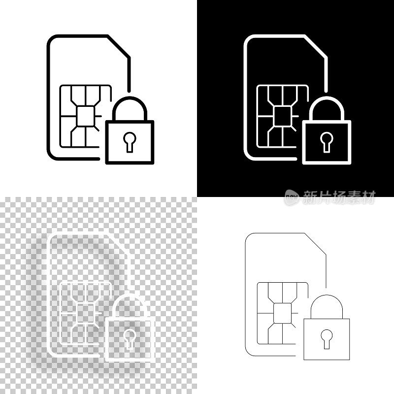 带挂锁的SIM卡。图标设计。空白，白色和黑色背景-线图标