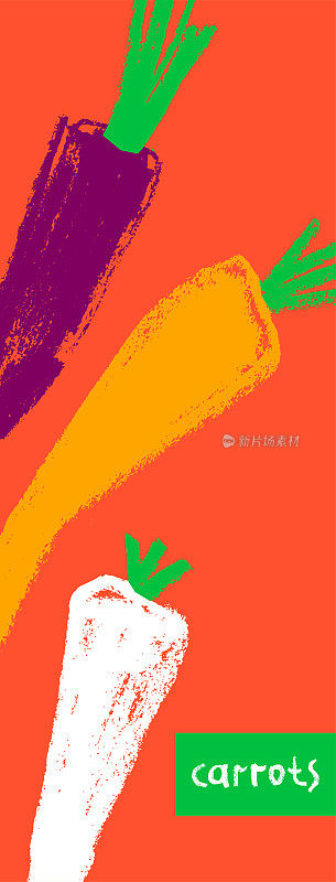 维生素A标签与矢量胡萝卜铅笔纹理。手绘胡萝卜背景。