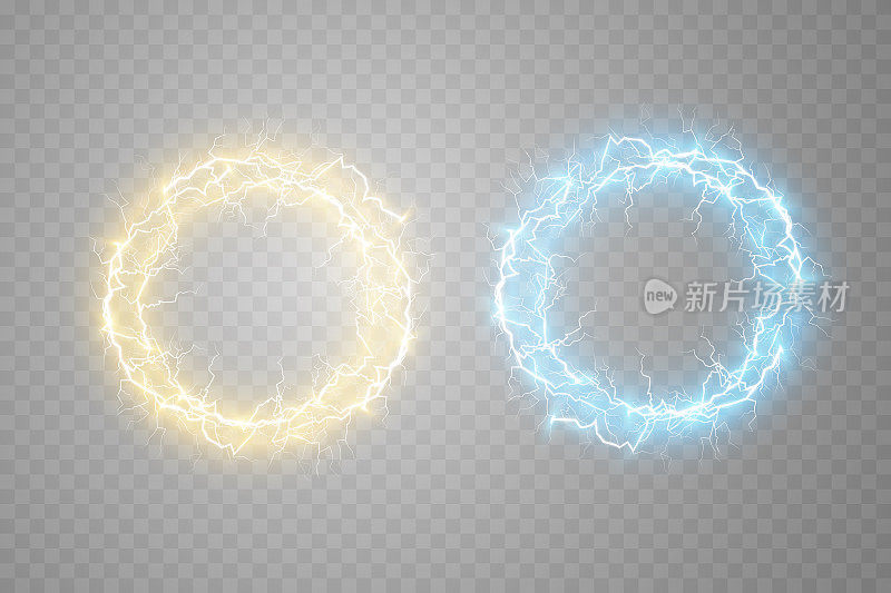 透明背景上的球状闪电。矢量插图，抽象的闪电在蓝色和金色。闪电，雷声，火花。