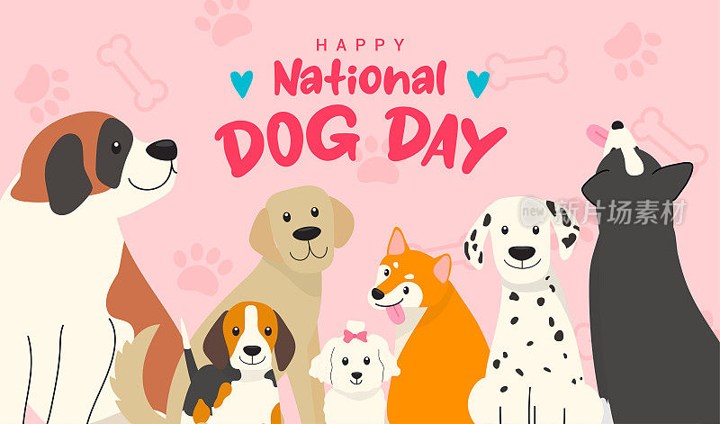 国庆三伏天快乐贺卡矢量设计。可爱的卡通狗在粉红色的图案背景