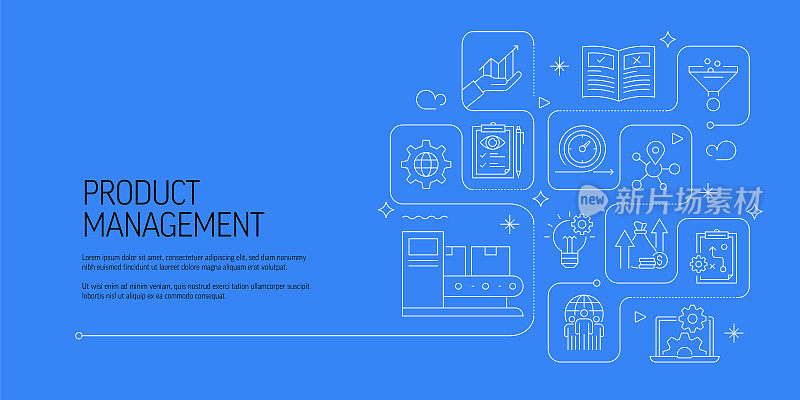产品管理相关矢量横幅设计概念，现代线条风格与图标