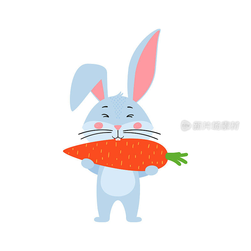 可爱的卡通兔子或野兔。兔子吃胡萝卜。印在儿童t恤，贺卡，海报上。手绘矢量插图孤立在白色背景上