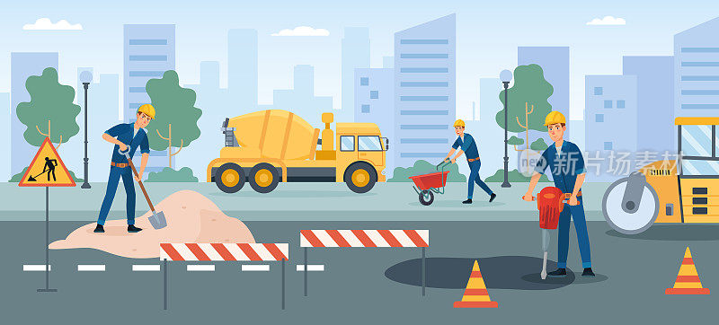 道路工程，工人修理街道翻新沥青